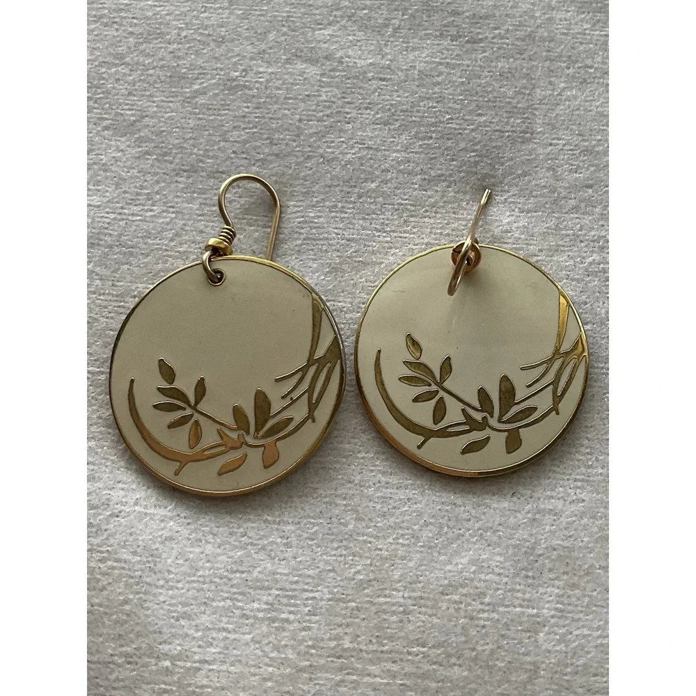 vintage Laurel Burch cloisonné floral dangle Disc earrings Gold Tone Enamel